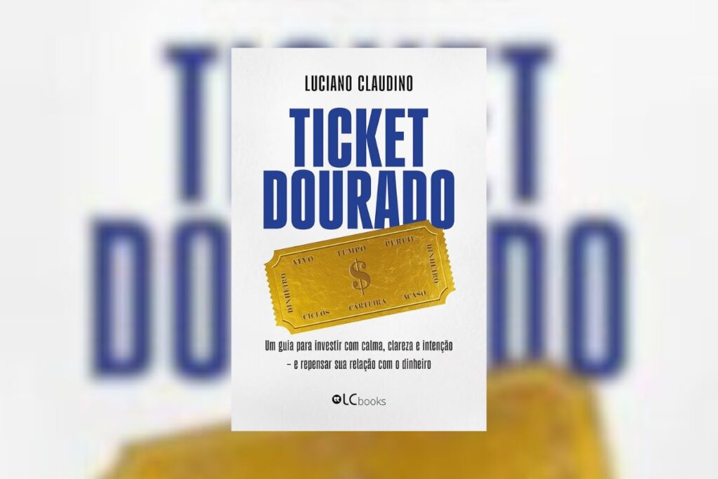 Capa do livro "Ticket Dourado", com o nome escrito em azul no topo e um ticket dourado em baixo 