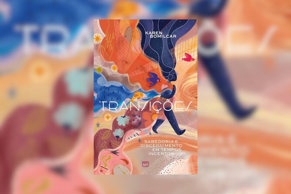 Capa do livro "Transições", com a ilustração de uma pessoa azul-escuro andando em um fundo azul, marrom e bege-claro 