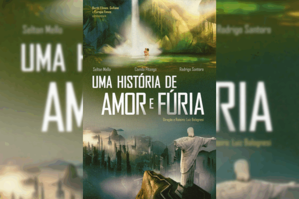 Ilustração mostrando um personagem de costas observando uma cidade ao fundo, com elementos de natureza e arquitetura futurista