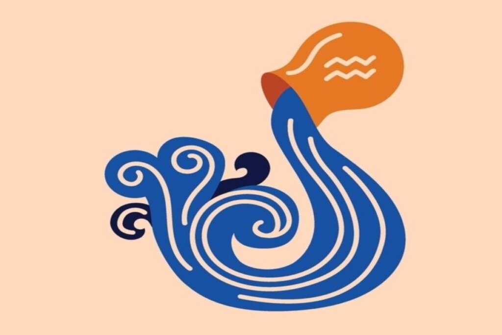 jarro laranja jorrando água azul representando o signo de aquário
