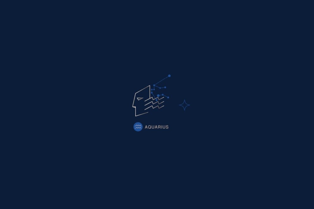 Ilustração de três ondas, rodeadas por estrelas, com o nome e a constelação do signo de aquário, em um fundo azul-escuro