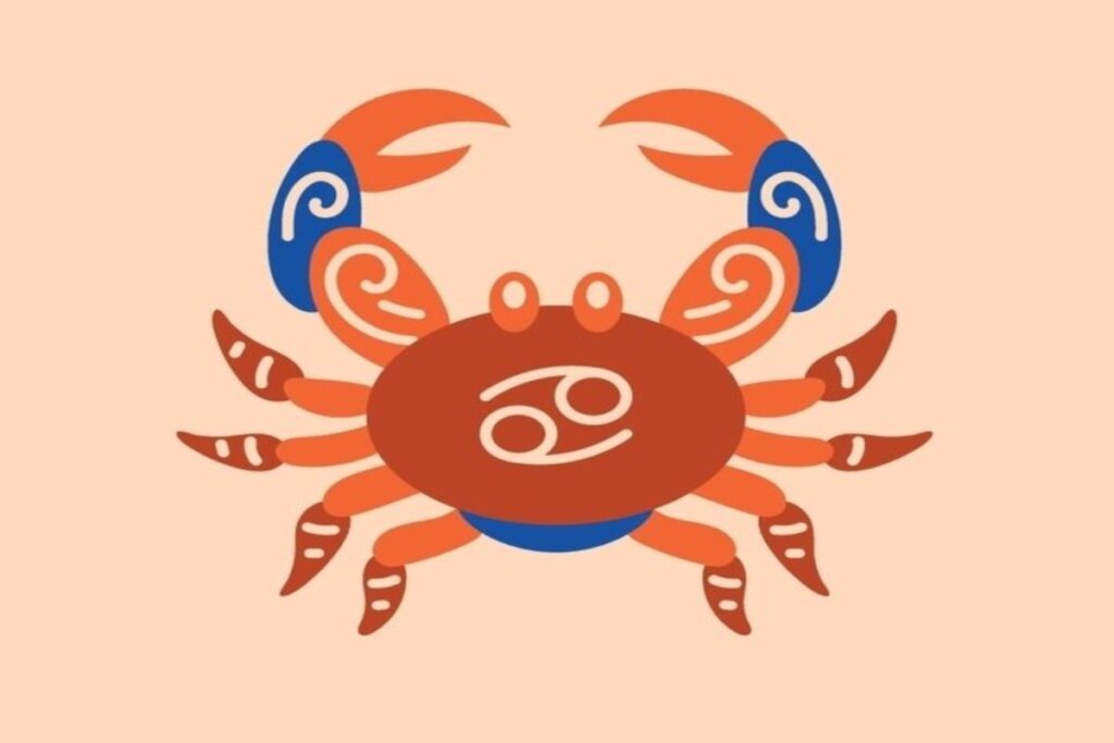 ilustração de caranguejo laranja, vermelho e azul representando o signo de câncer