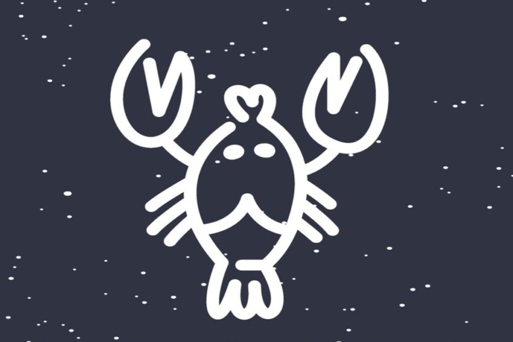 Ilustração branca de caranguejo representando o signo de câncer sobre fundo azul-escuro com estrelas