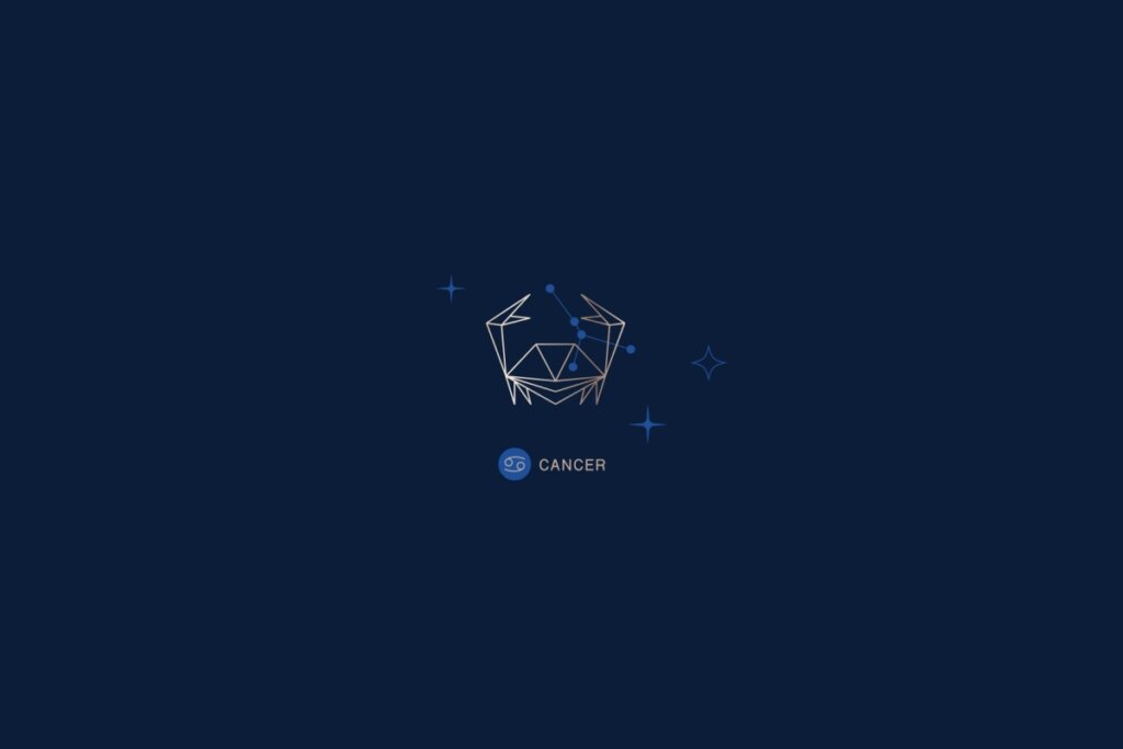 Ilustração de um caranguejo, rodeado por estrelas, com o nome e a constelação do signo de câncer, em um fundo azul-escuro