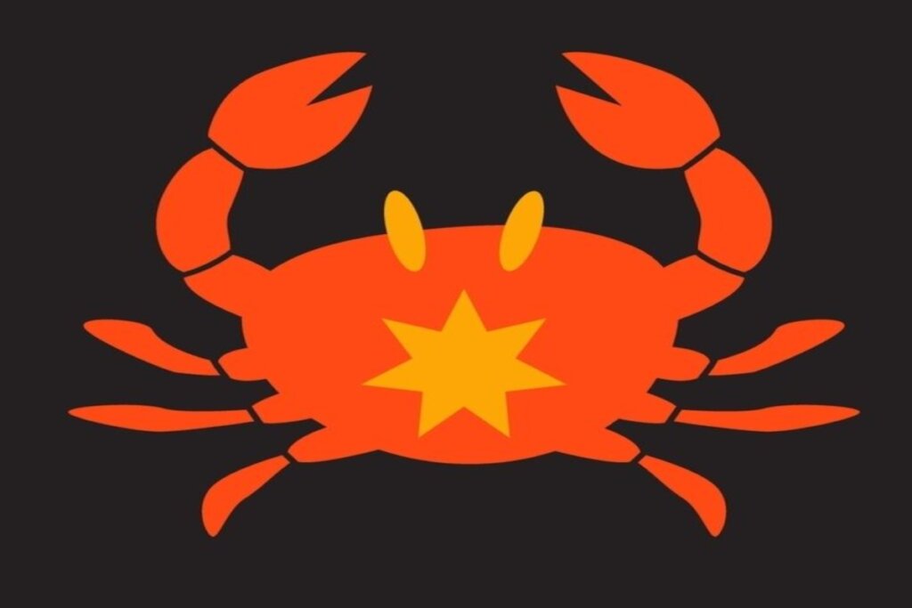 ilustração de um caranguejo em tons de laranja e amarelo representando o signo de câncer sobre fundo preto