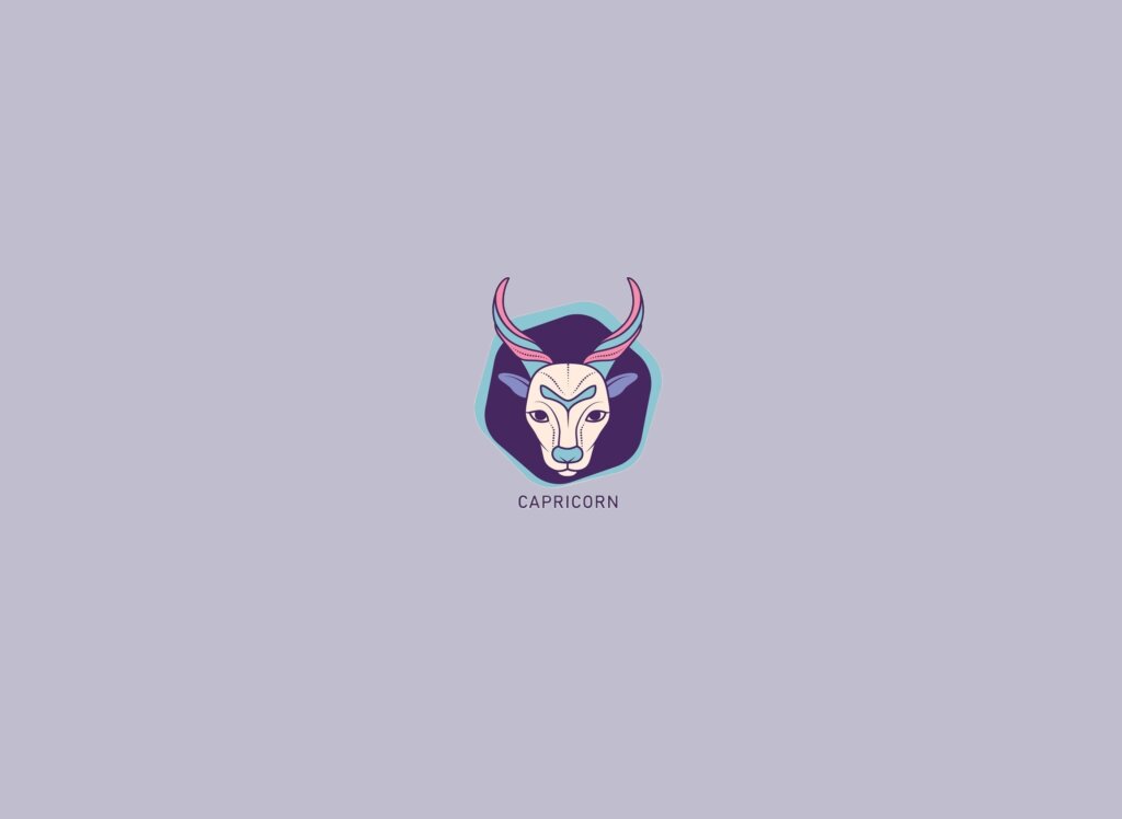 Ilustração de uma cabra, em um círculo roxo, em tons de roxo, azul, rosa e bege, sobre um fundo lilás