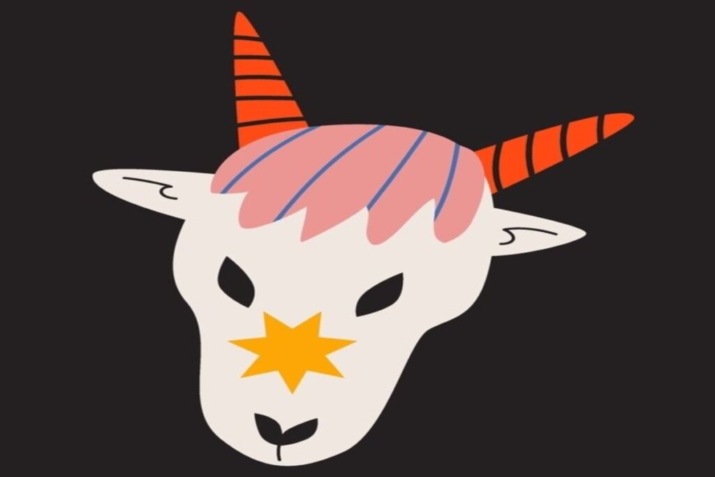 ilustração de um bode em tons de branco e rosa representando o signo de capricórnio sobre fundo preto