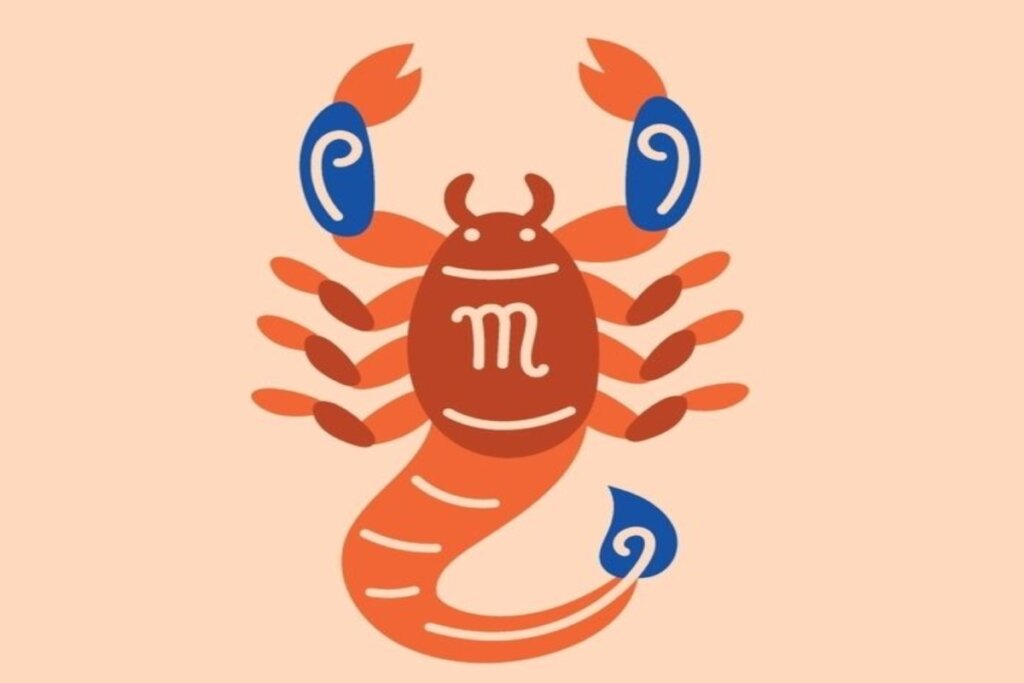 ilustração de escorpião laranja, vermelho e azul representando o signo de escorpião