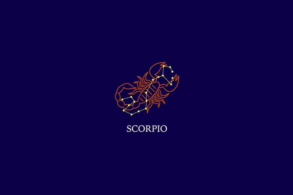 Ilustração do signo de escorpião em um fundo azul-escuro 