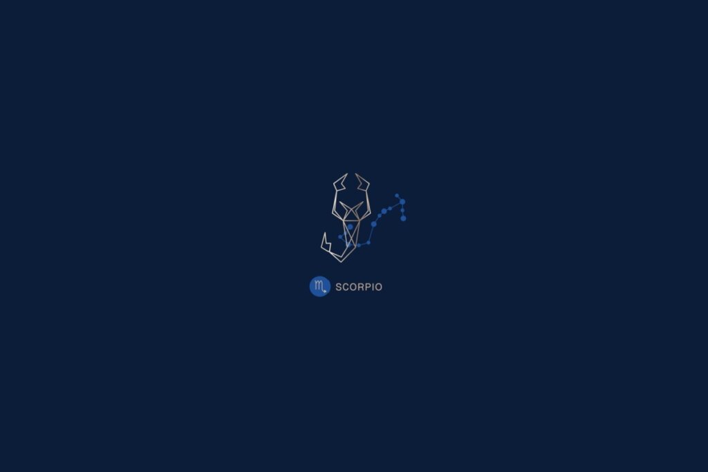 Ilustração de um escorpião, com o nome e a constelação do signo de escorpião, em um fundo azul-escuro