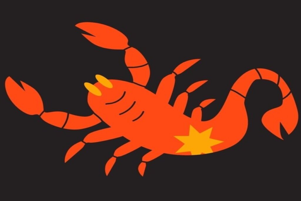 ilustração de um escorpião em tons de laranja e amarelo representando o signo de escorpião sobre fundo preto