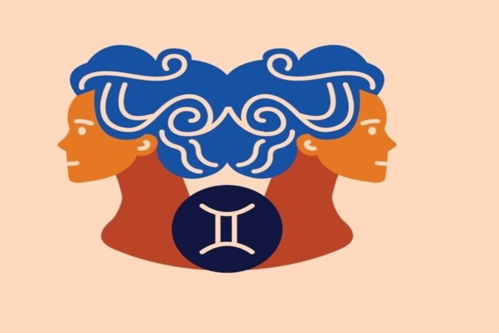 ilustração de duas pessoas, uma de costas para a outra, e com o cabelo azul representando o signo de gêmeos