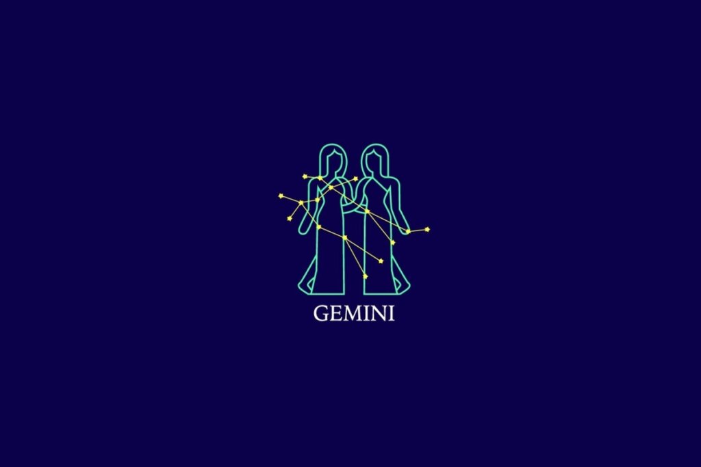Ilustração do signo de gêmeos em um fundo azul-escuro 