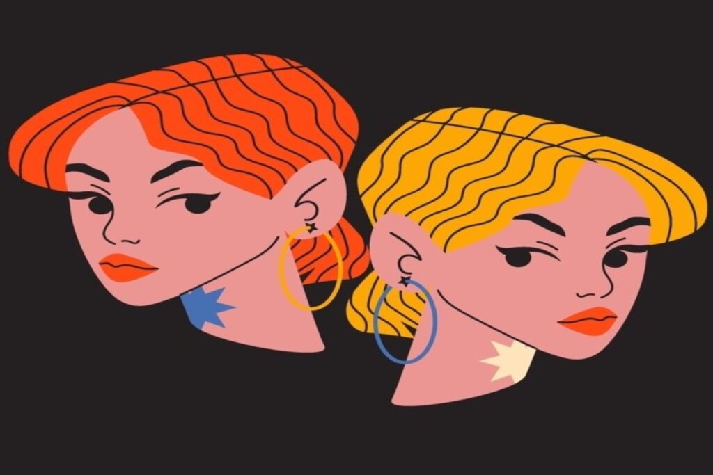 ilustração de duas mulheres, uma de costas para a outra, representando o signo de gêmeos sobre fundo preto