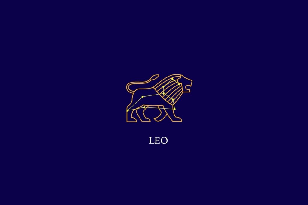 Ilustração do signo de leão em um fundo azul-escuro 
