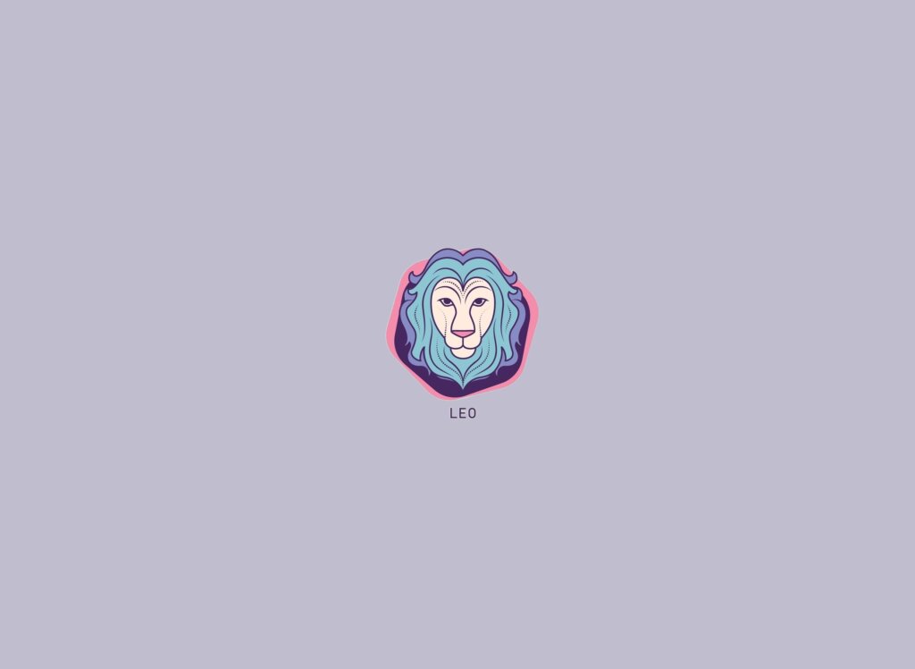 Ilustração de um leão, em um círculo roxo, em tons de roxo, azul, rosa e bege, sobre um fundo lilás