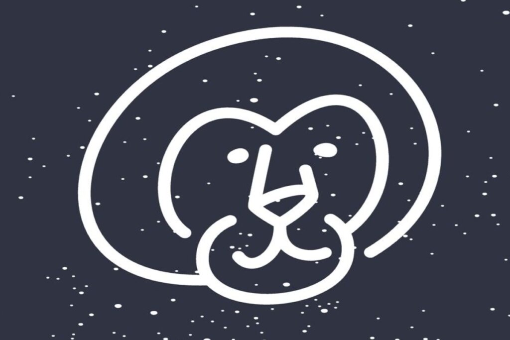 Ilustração branca de leão representando o signo de leão sobre fundo azul-escuro com estrelas