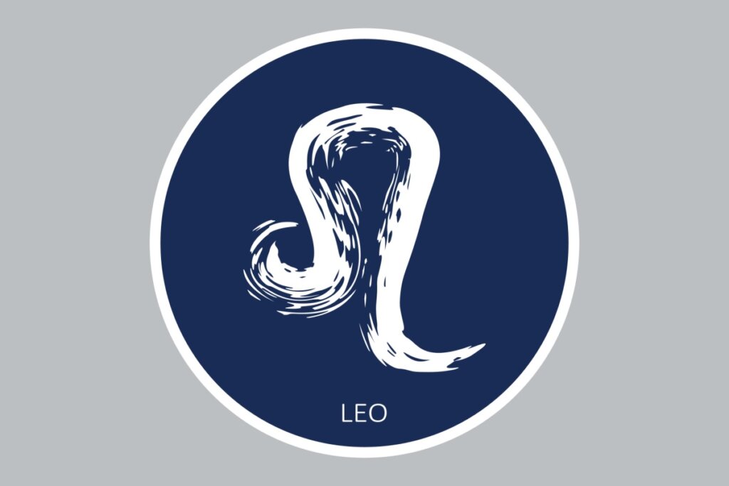 círculo azul-escuro com símbolo do signo de leão e nome dele em inglês na cor branca