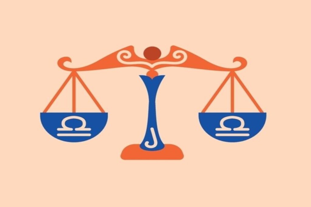 ilustração de balança laranja e azul representando o signo de libra