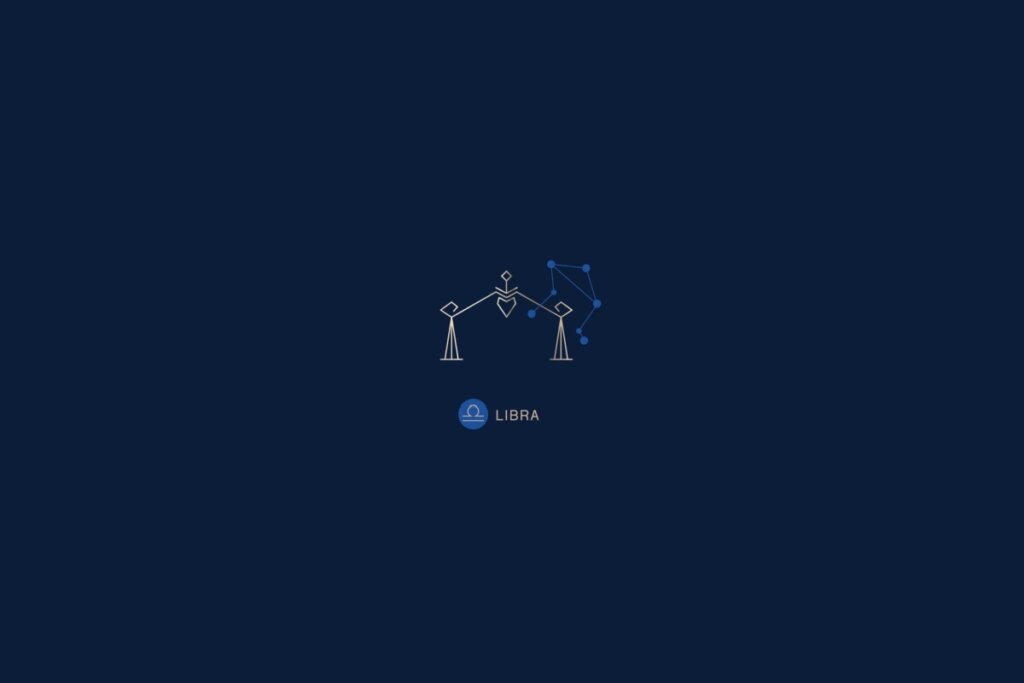 Ilustração de uma balança, com o nome e a constelação do signo de libra, em um fundo azul-escuro