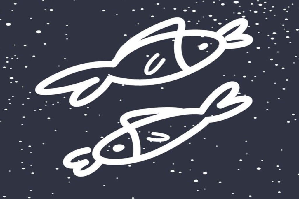 Ilustração branca de dois peixes representando o signo de peixes sobre fundo azul-escuro com estrelas