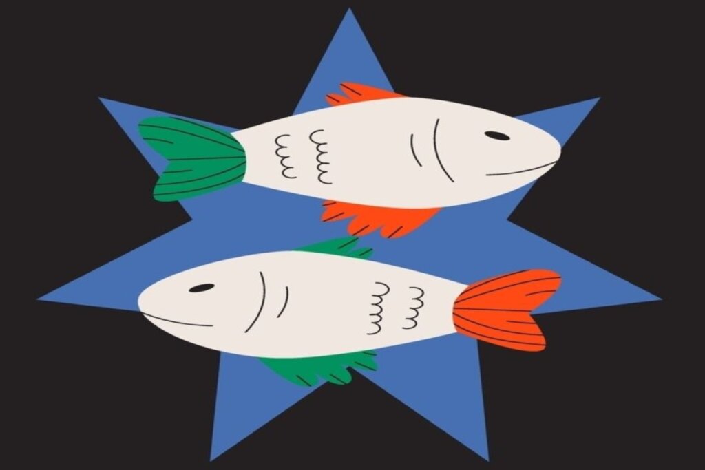 ilustração de dois peixes sobre estrela azul representando o signo de peixes sobre fundo preto