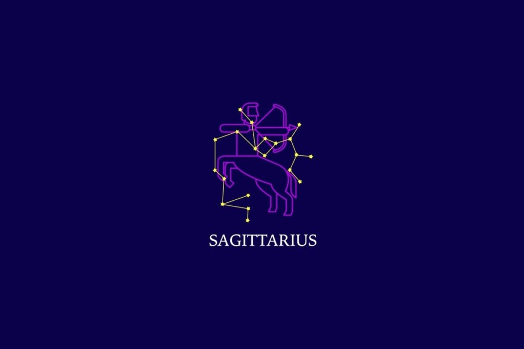Ilustração do signo de sagitário em um fundo azul-escuro 