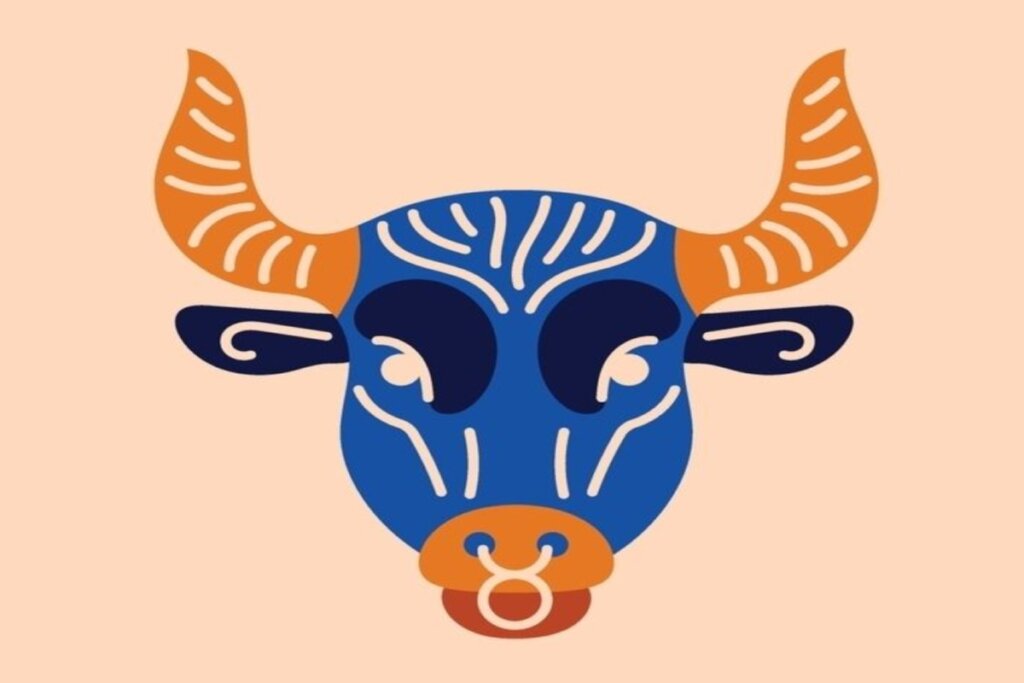 ilustração de touro com cara azul e chifres laranjas representando o signo de touro