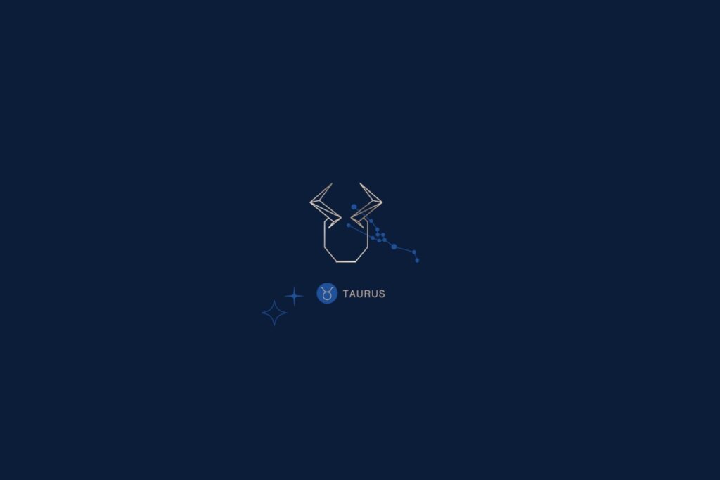 Ilustração de um touro, rodeado por estrelas, com o nome e a constelação do signo de Touro, em um fundo azul-escuro