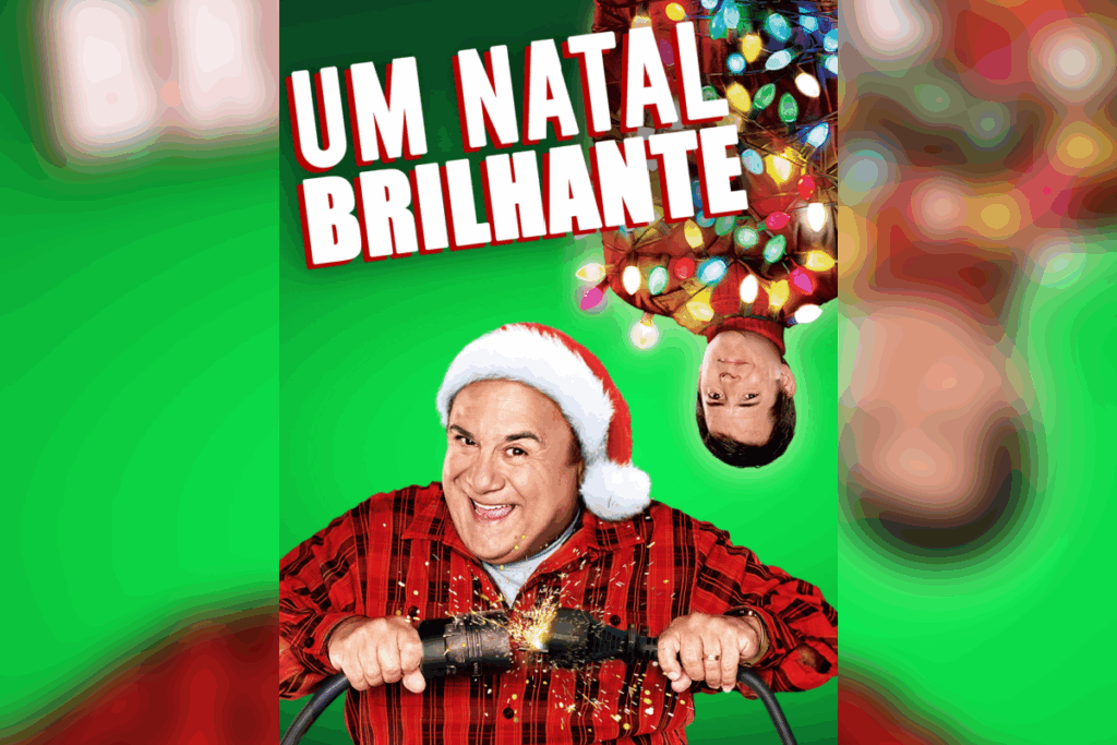 capa do filme "um natal brilhante" com homem com blusa vermelha e gorro de natal desligando tomada. homem ao fundo, enrolado em pisca-pisca e de cabeça para baixo