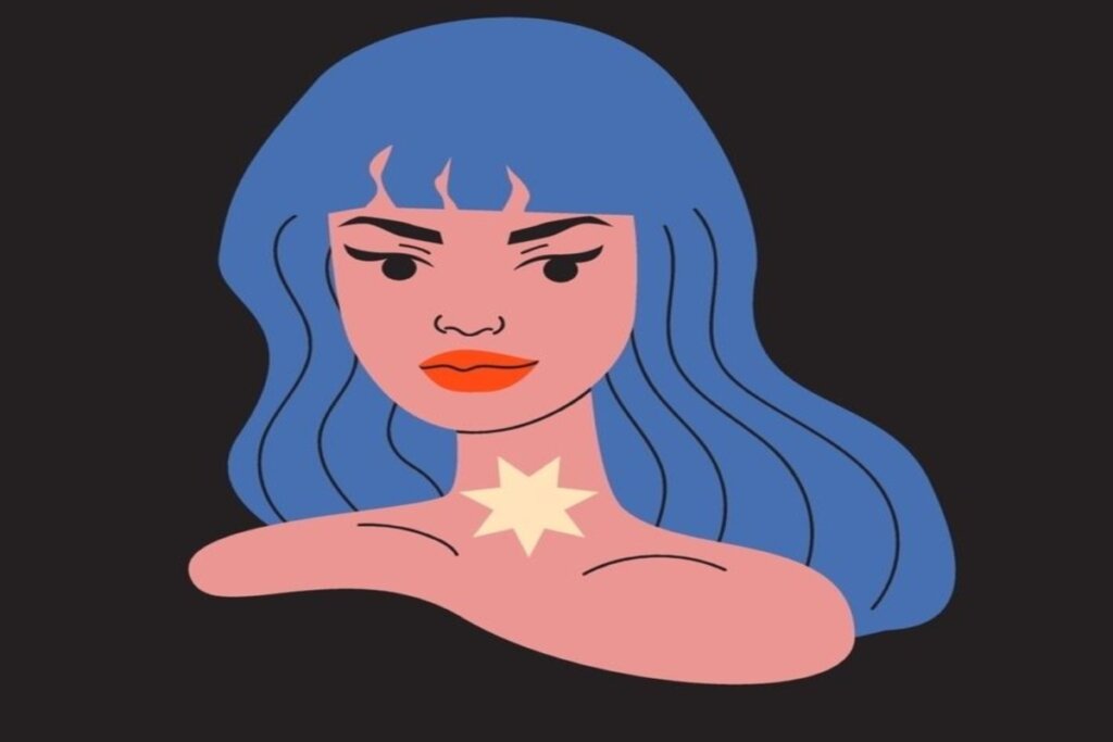 ilustração de uma mulher em tons de rosa e azul representando o signo de virgem sobre fundo preto