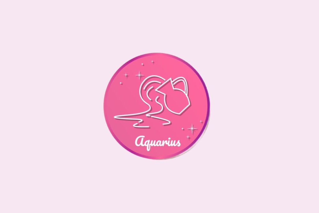 Ilustração do signo de Aquário, em fundo rosa claro, contendo o símbolo de uma jarra derramando um líquido