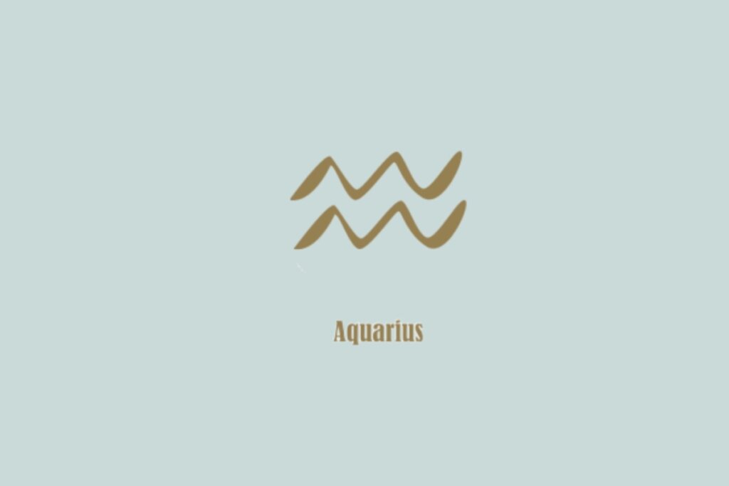 Símbolo de Aquário em dourado sobre fundo azul-claro, composto por duas linhas onduladas horizontais, lembrando ondas, com a palavra Aquarius abaixo