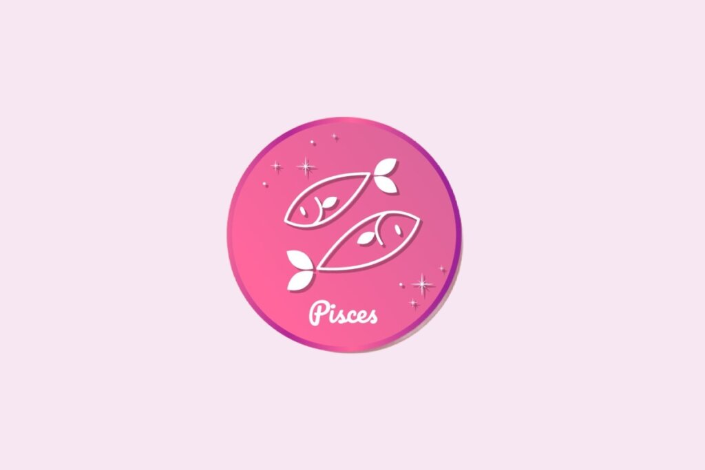Ilustração do signo de Peixes, em fundo rosa claro, contendo dois peixes nadando em direções opostas 