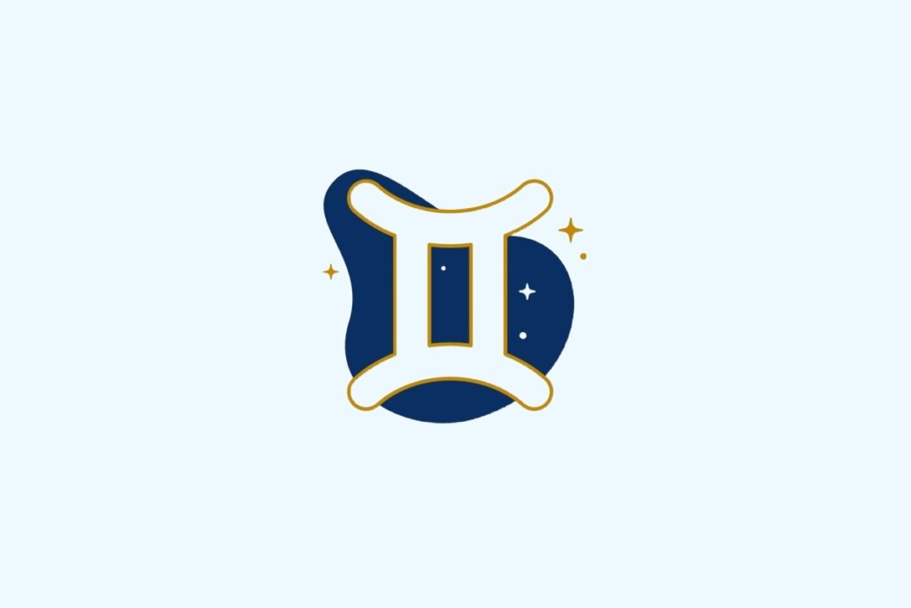 Ilustração do signo de Gêmeos contendo símbolo de colunas paralelas em azul-claro e dourado sobre fundo azul-claro