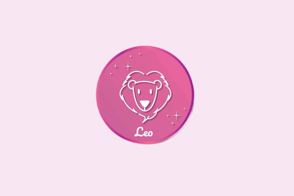 Ilustração do signo de Leão, em fundo rosa, contendo o símbolo de uma cabeça de leão com juba arredondada e orelhas pequenas