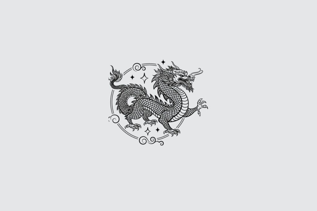 Ilustração do signo de Dragão, contendo um dragão oriental com corpo serpenteado, escamas detalhadas e moldura circular ornamental, em fundo cinza-claro