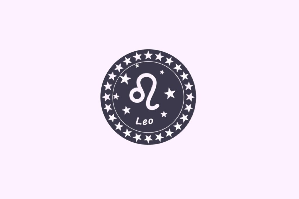 Ilustração do signo de Leão, contendo o símbolo do leão estilizado no centro de um círculo com estrelas, em fundo com tom rosa-claro