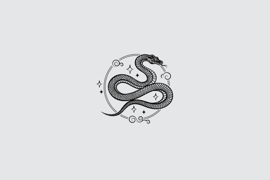 Ilustração do signo de Serpente, contendo uma serpente enrolada com corpo estilizado e detalhes geométricos, cercada por elementos circulares, em fundo cinza-claro