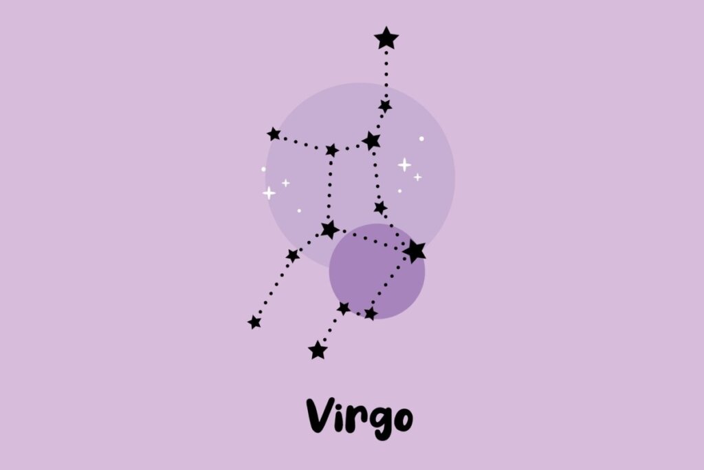 Ilustração da constelação do signo de Virgem com traços pontilhados em fundo lilás