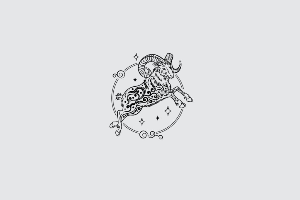 Ilustração do signo de Cabra, contendo uma cabra com chifres curvos e corpo ornamentado por traços artísticos, envolta por moldura circular, em fundo cinza-claro