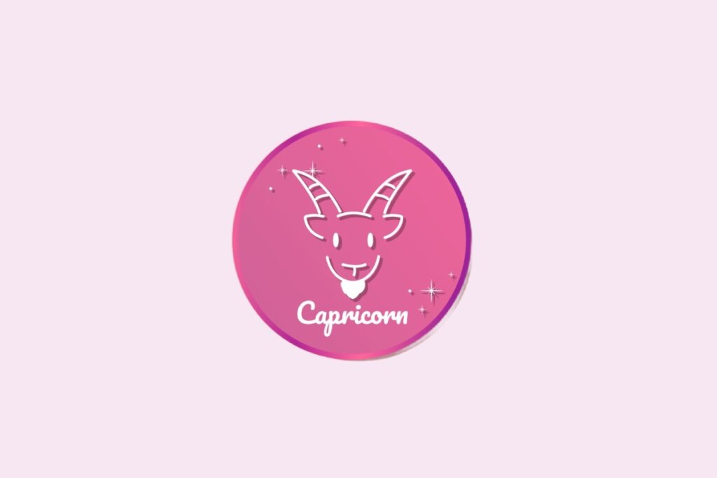 Ilustração do signo de Capricórnio, em fundo rosa claro, contendo o símbolo de uma cabra com bigode e chifres apontados para cima