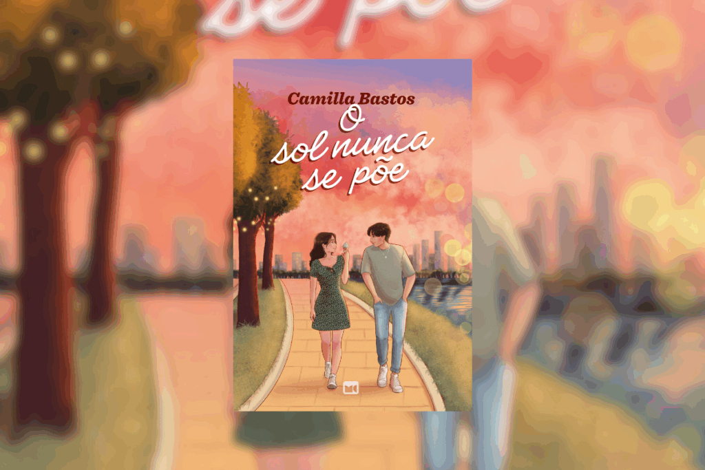 capa do livro "O sol nunca se põe" com casal de costas andando em pôr do sol