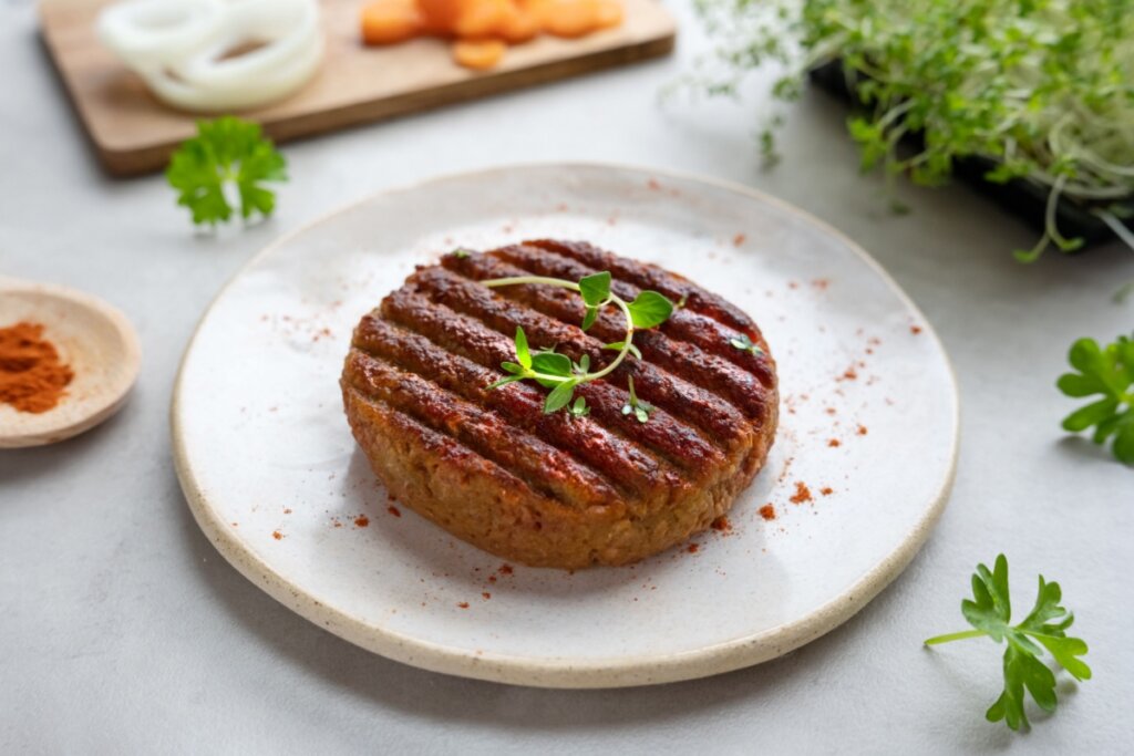 Um hambúrguer vegetal grelhado com marcas de brasa bem definidas, servido em um prato de cerâmica clara. Está decorado com brotos verdes frescos e salpicado com páprica. Ao fundo, ingredientes como cebola, cenoura e temperos estão dispostos de forma organizada