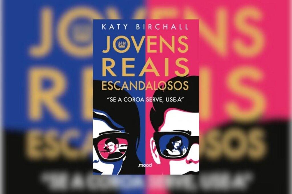 Capa do livro "Jovens, Reais, Escandalosos", com a ilustração do rosto de uma mulher e um homem, ela sobre um fundo azul e ele sobre um fundo rosa