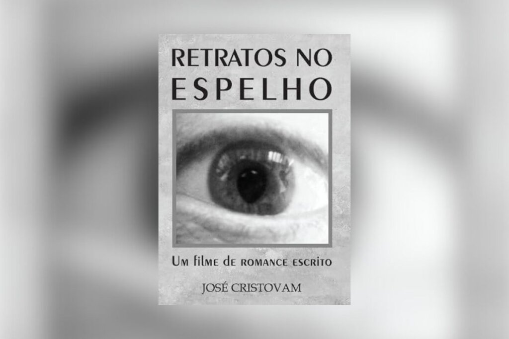Capa do livro "Retratos no espelho", com a foto de um olho em preto e branco