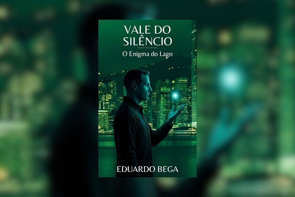 Capa do livro "Vale do silêncio", com a ilustração de um homem com a mão em baixo de uma bola de luz branca. Ao fundo, prédios de uma cidade a noite