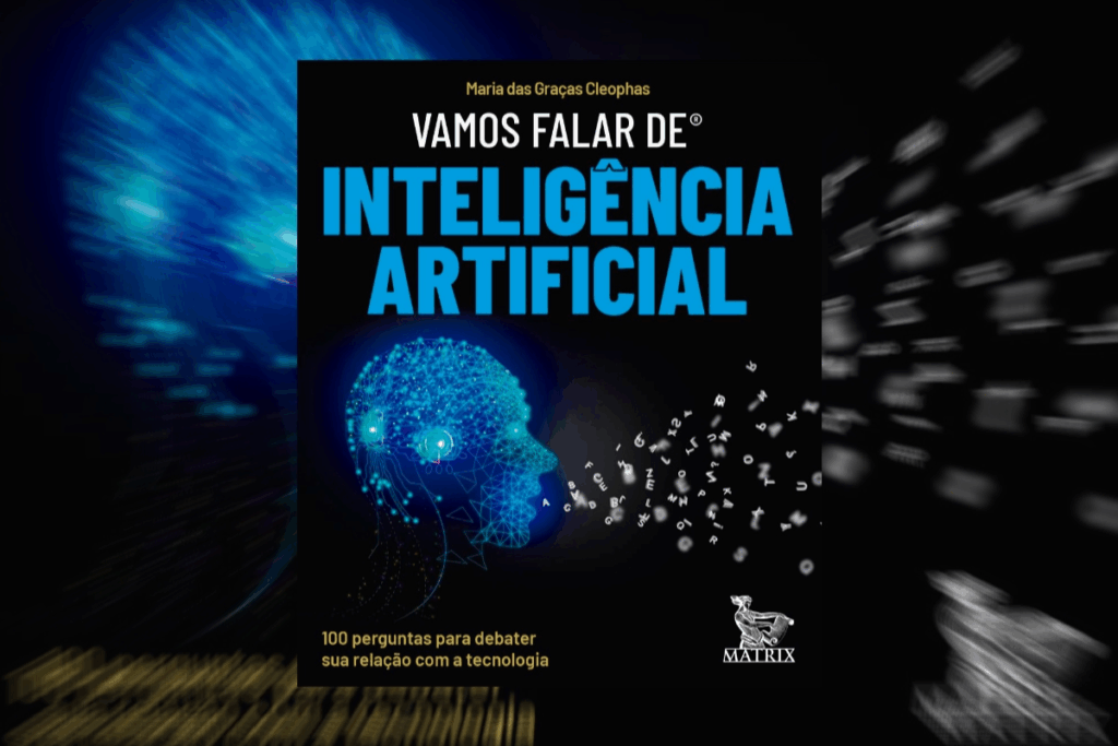 Capa de livro com fundo preto. Do lado esquerdo, o perfil de um rosto humano formado por uma rede de pontos e conexões azuis brilhantes (estilo digital). Da "boca" desse rosto, saem diversas letras brancas flutuando. O título "VAMOS FALAR DE INTELIGÊNCIA ARTIFICIAL" está em destaque em branco e azul. Na parte inferior, o texto: "100 perguntas para debater sua relação com a tecnologia".