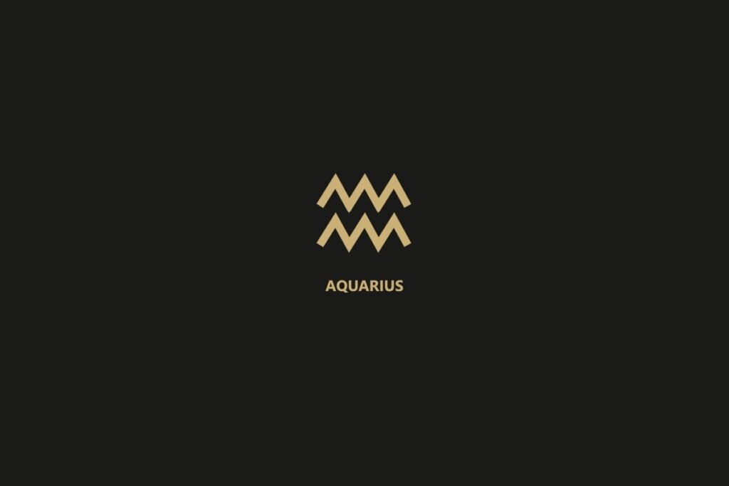 Ilustração do signo de aquário sobre um fundo preto, com o nome do signo logo abaixo.