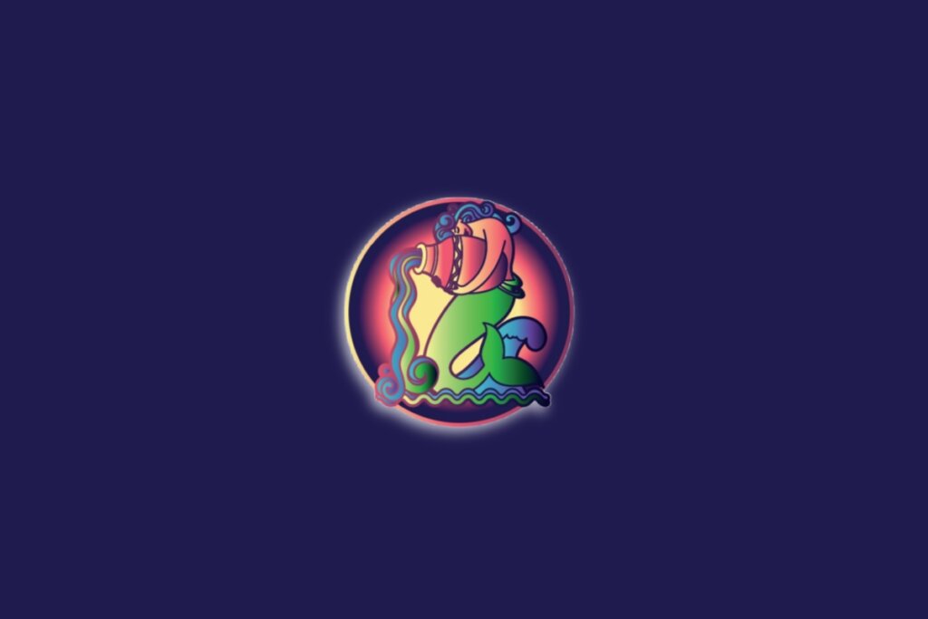 Ilustração do signo de aquário em um círculo nas cores amarela, rosa e roxa sobre um fundo azul-escuro